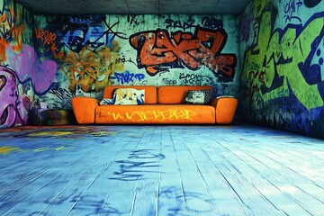 Graffiti-covered room with orange couch. Interior scene for design inspiration