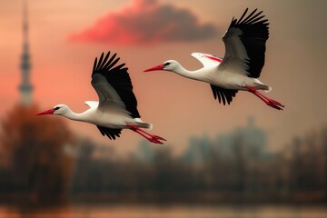 Obraz premium Soaring Storks: Two storks gracefully navigate the skies, their wings outstretched against a canvas of breathtaking autumnal hues.
