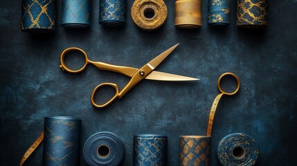 Gold scissors and rolls of navy blue and gold decorative ribbon, measuring tape on dark background