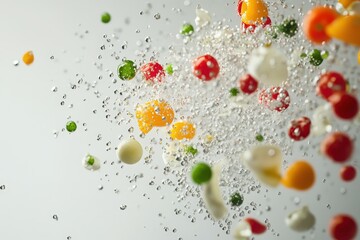 Various colorful vegetables and water droplets are suspended in mid air