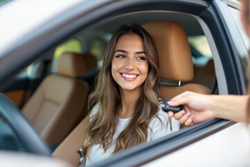 Smiling woman sitting in a car receiving keys from another person through the window, with a blurred outdoor background. Concept of car ownership and rental. Ai generative