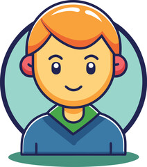 Cartoon character with orange hair and sweater, A cartoon character with orange hair, wearing a blue sweater and green collar, framed by a circular background.
