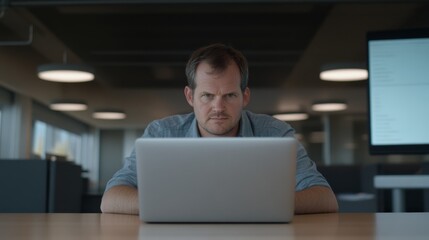 A focused man is working intently on his laptop at a desk in a contemporary office. Natural light illuminates the workspace, enhancing productivity