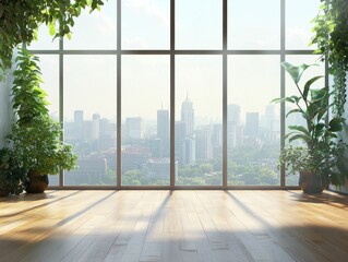 A sunny room with a cityscape viewed through large windows