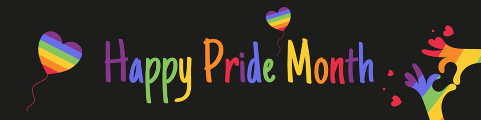 Banner of Happy Month of Pride,Hands,heart,text.Vector