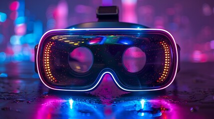 Futuristic VR headset glowing with neon lights against a vibrant cityscape at night, showcasing technology