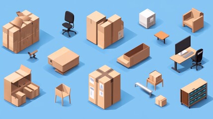 Office furniture falling into a cardboard box, company relocation and moving on blue background. Concept of shipping and delivery. 3D rendering