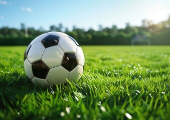 Fototapeta premium Soccer ball resting on lush green grass in the sunlight.