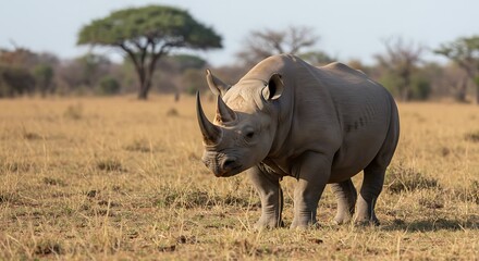 Obraz premium Solitary Rhino Standing in Savannah Grassland Habitat Wildlife Photography