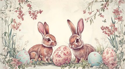 Fototapeta premium Easter Bunnies Eggs Spring Flowers. (12)