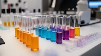 Close up of test tubes with orange, purple and blue liquids standing on white table over white background. 3d rendering mock up