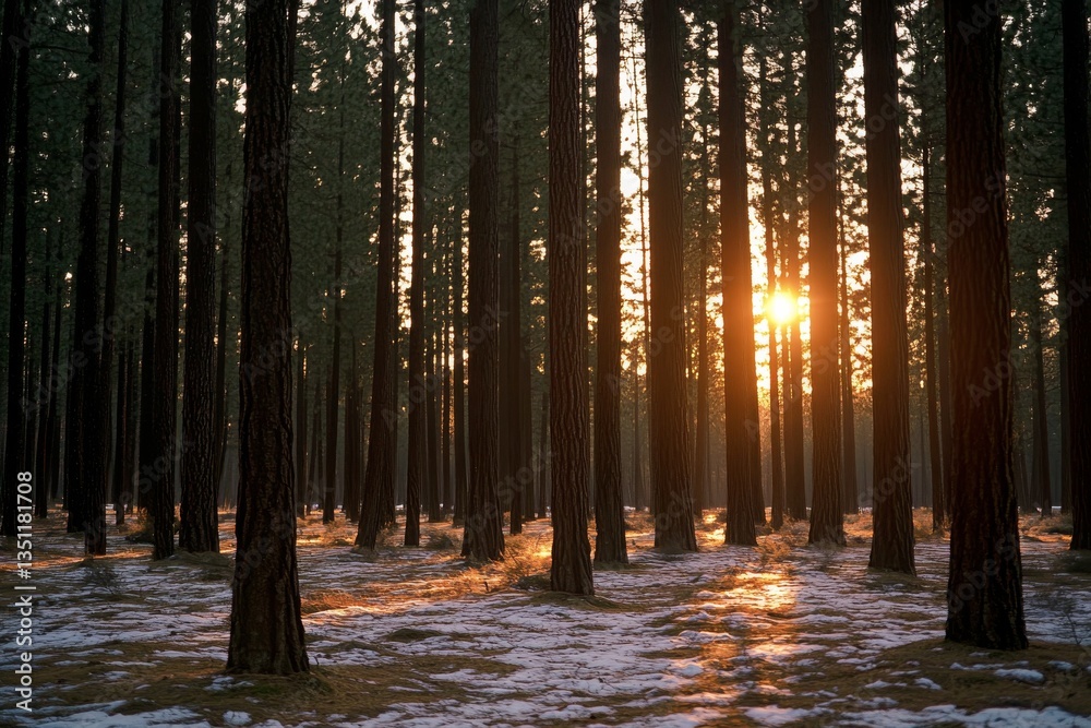 Poster twilight envelops a snow-covered pine forest, with soft pastel colors lighting up the sky and gentle