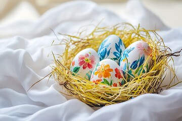 Obraz premium A beautiful arrangement of hand-painted eggs nested in colorful straw and set on a clean white fabric for a touch of spring.