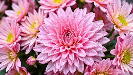 Obraz premium Delicate pink chrysanthemum petals unfolding in a lush bouquet, colorful, chrysanthemum