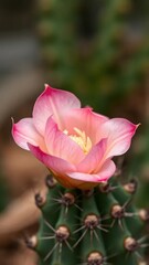 Delicate pink petals unfurl on a small cactus blossom, blossom, pink bloom, cactus