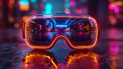 Futuristic virtual reality goggles reflecting a neon cityscape at night, showcasing vibrant colors and technology
