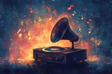 An antique gramophone emitting musical notes within an abstract artwork