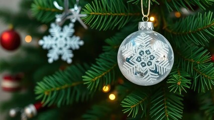 Delicate snowflake ball ornaments on a green fir tree branch, Christmas, decorations