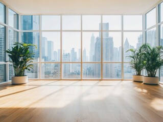 Fototapeta premium A bright modern room with city views and indoor plants