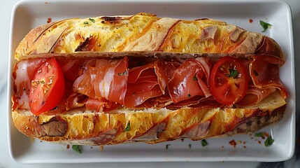 Spanish bocadillo sandwich jamn and tomato placed diagonally on a white ceramic tray slightly zoomed out top view