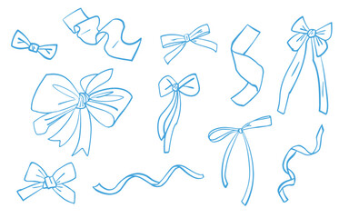 Bow and ribbon linear vector set. Vector bow elements isolated on white. Hand drawn outline bows. 