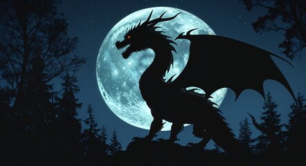 Fototapeta premium Shadowy Dragon Silhouette Against Full Moon Over Dark Forest