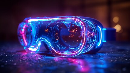 Futuristic virtual reality goggles glowing in neon colors on a reflective surface with blurred city lights