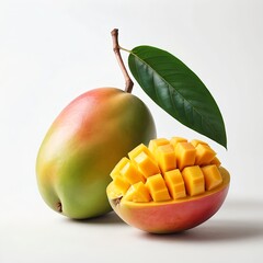 Ripe Mango with Leaf and Cubed Mango Pieces