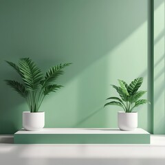 Fototapeta premium Minimalist Green Room Interior with Potted Plants