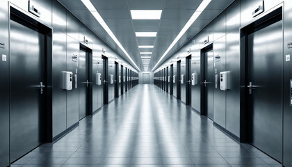 Fototapeta premium Modern hallway with identical restroom metallic doors leading into the distance 