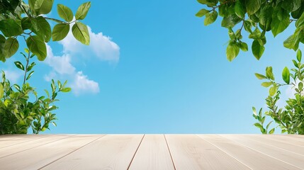 Obraz premium Expansive blue sky above clean wooden floor ideal backdrop for product photography and design