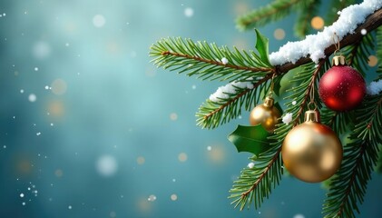 Obraz premium Snow-covered branch adorned with golden ornaments and lush green holly, Christmas, festive