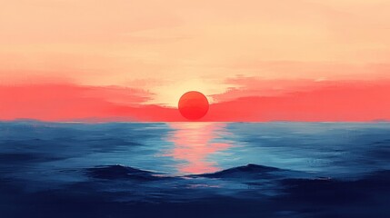 Obraz premium Colorful sunset over calm ocean; vibrant sky reflection; artistic digital painting; beautiful nature scene; stock photo