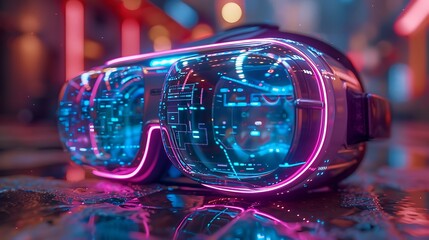 Futuristic virtual reality headset resting on a wet urban street, illuminated by neon lights, showcasing technology