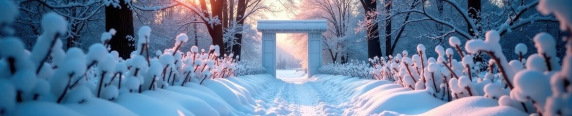 Snow-covered garden path leads to frozen forest gate, winter, frozen, natural