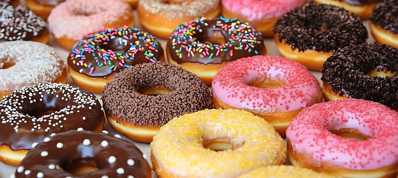 A tray of assorted donuts with different toppings and glazes - Powered by Adobe