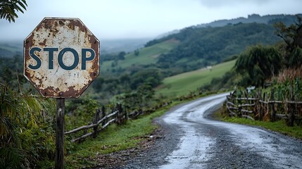 Block Symbol Indicator, Weathered vintage stop sign on a rural country road