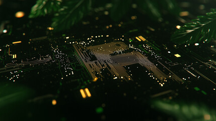 Obraz premium Tech-Nature Fusion: An intriguing close-up of a circuit board embraced by lush greenery, representing technology's integration with the natural world.