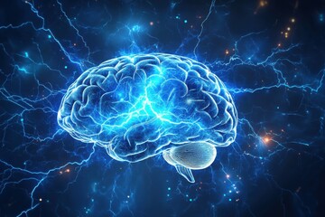 Human brain digital illustration. Electrical activity, flashes and lightning on a blue background. Digital Illustration of the Human Brain.