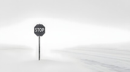 Block Symbol Indicator, Solitary stop sign in a vast winter landscape