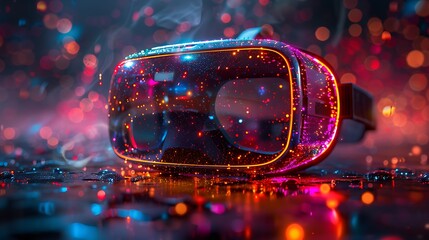 A vibrant virtual reality headset surrounded by colorful lights and reflections, showcasing technology and innovation