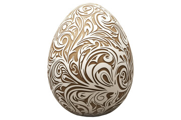 Decorative Easter egg with intricate swirling cut-out patterns, blending white and brown tones, isolated on white transparent background. Concept of elegance and artistry