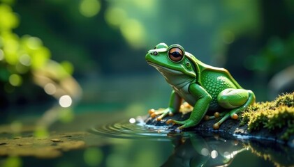 Naklejka premium Styroporen-Resten in der Seitenansicht mit einem ausgerotteten Seefrosch und Schilfflora, Frosch, Wasser