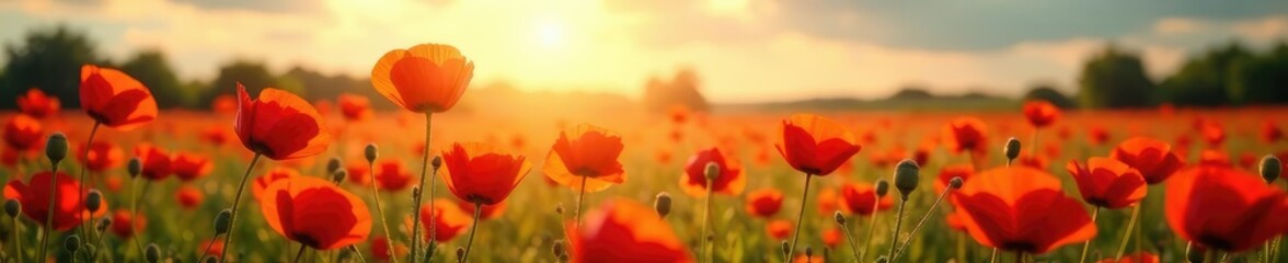 Summer sun shines down on a field of red poppies, poppies, sunlight,