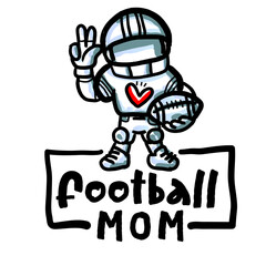 Mom football player with heart logo, showing love and support for the game. Perfect for mom-themed sports apparel and trendy fashion designs.
