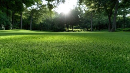 Obraz premium Lush green grass lawn in a sunny park with bright sunlight shining through the trees.