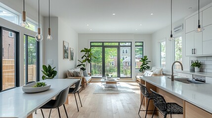 Fototapeta premium Modern open-plan home interior with kitchen, dining, and living areas, featuring large windows, light wood floors, and minimalist decor.