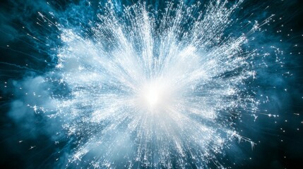 Naklejka premium Abstract light burst, radiating energy, bright white center, blue and teal hues, dark background.