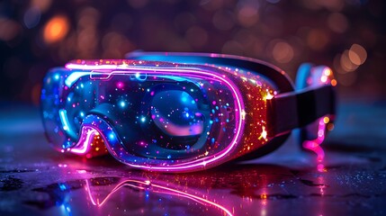 Futuristic glowing goggles resting on a reflective surface with a colorful bokeh background