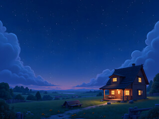 Fototapeta premium Illustration of a quiet night in the summer countryside, illustration of the Beginning of Summer solar term scene